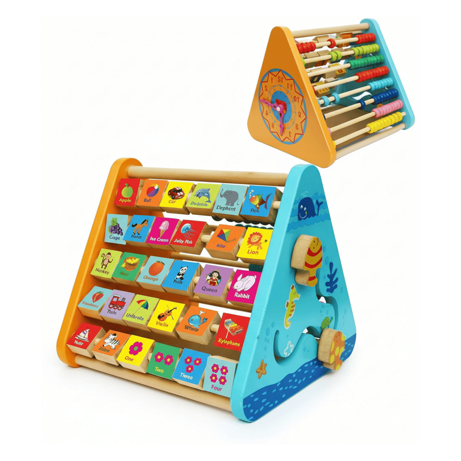BrightX 5 in 1 Wooden STEM Activity Centre Triangle Toy - Alphabet, Blocks, Abacus, Clock, Writing