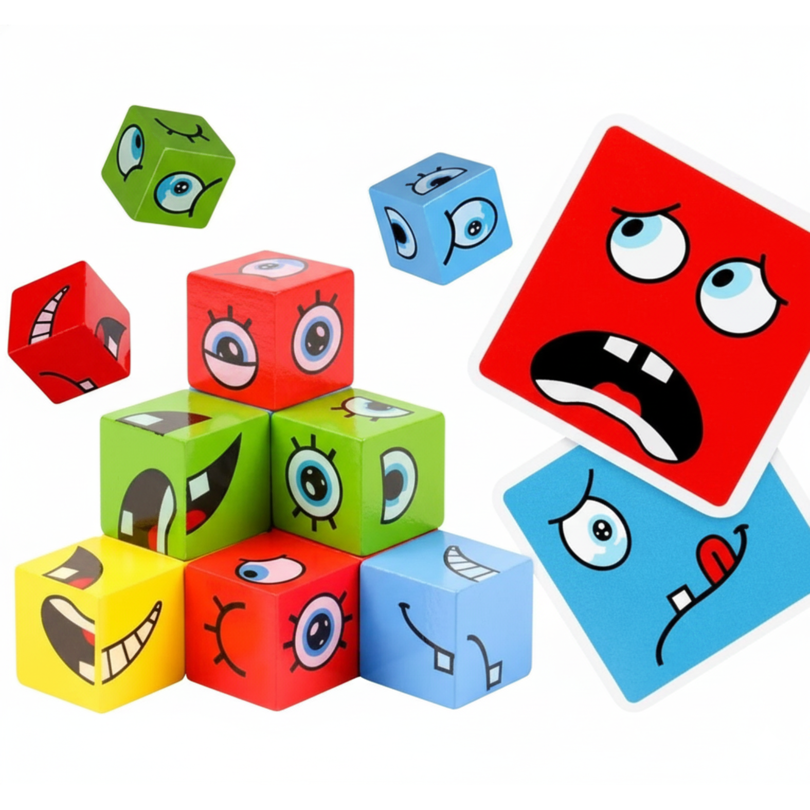 BrightX Wooden Face Cube Expression Puzzle Blocks with Bell Montessori Emoji Logic Toy for Kids - Large Size