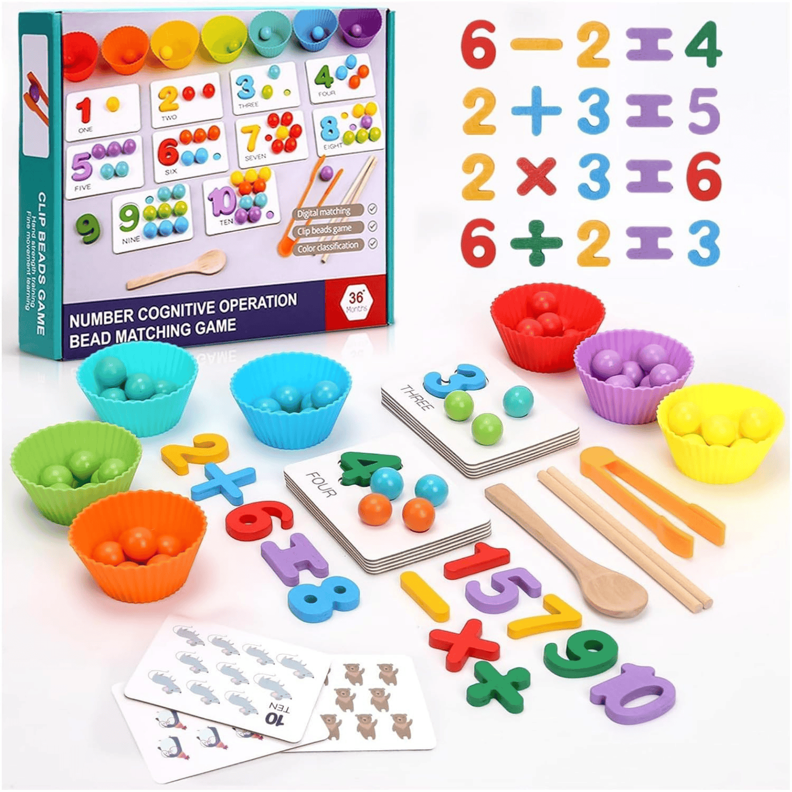 BrightX Montessori Wooden Math Learning Toy - Clip Beads & Number Matching Game for Kids